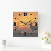 Horloge Carrée Silhouette de cerfs communs de coucher du soleil (Maison)