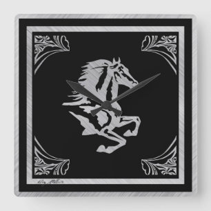 HORLOGE CARRÉE SILHOUETTE DE CHEVAL ARGENTÉ ÉLÉGANT