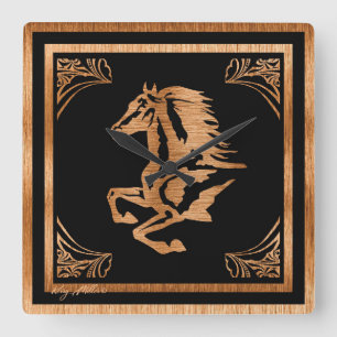 Horloge Carrée Silhouette en bois classique du cheval