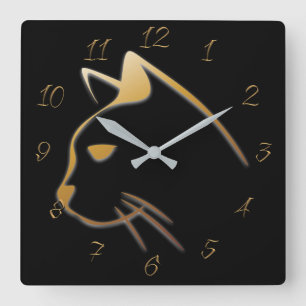 Horloge Carrée Silhouette en or de chat