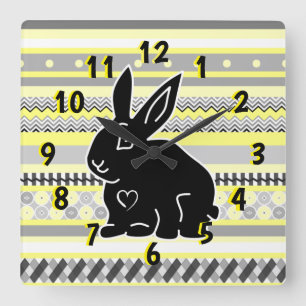 Horloge Carrée Silhouette lapin noir sur Motif gris jaune Jouer