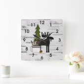 Horloge Carrée Silhouette rustique orignal et arbres sur bouleau (Maison)