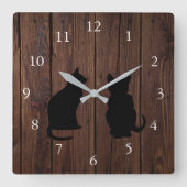Horloge Carrée Silhouettes de chats modernes sur bois rustique (Recto)