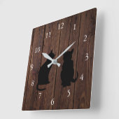 Horloge Carrée Silhouettes de chats modernes sur bois rustique (Angle)