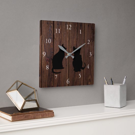 Horloge Carrée Silhouettes de chats modernes sur bois rustique (Bureau)