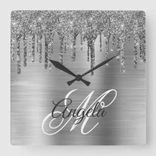 Horloge Carrée Silver brossé Parties scintillant de Drig Fancy M