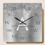 Horloge Carrée Silver Glitter Brushed metal Monogram<br><div class="desc">Silver Faux Foil Metallic Sparkle Glitter Brushed Metal Monogram Name and Initial Luxury Wall Clock. This makes the perfect sweet 16 birthday,  wedding,  bridal shower,  anniversary,  baby shower or bachelorette party gift for someone that loves glam luxury and chic styles.</div>