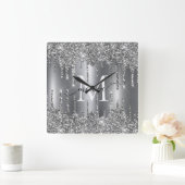 Horloge Carrée Silver Glitter Drips Monogram Personalized (Maison)
