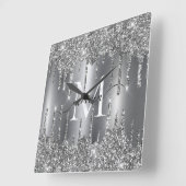 Horloge Carrée Silver Glitter Drips Monogram Personalized (Angle)