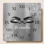 Horloge Carrée Silver Glitter Sparkle Eyelashes Monogram<br><div class="desc">Silver Faux Foil Metallic Sparkle Glitter Brushed Metal Monogram Name and Initial Eyelashes (Lashes),  Eyelash Extensions and Eyes cute wall clock. The design makes the perfect sweet 16 birthday,  wedding,  bridal shower,  anniversary,  baby shower or bachelorette party gift for someone looking for a trendy cool style.</div>