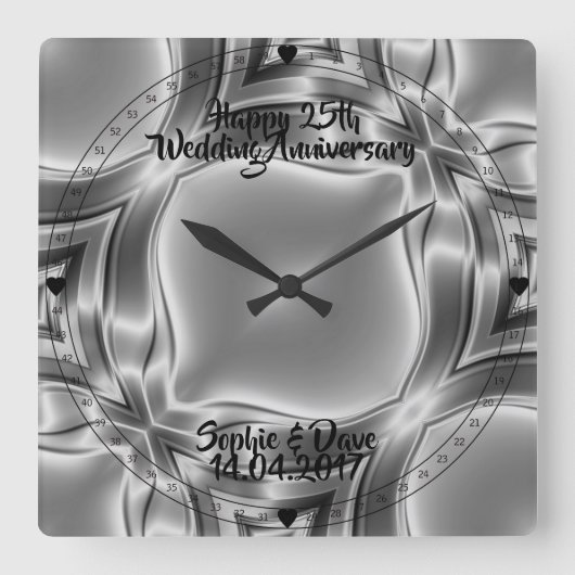 Horloge Carrée Silver Lines 25e anniversaire Mariage d'argent (Recto)