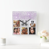 Horloge Carrée Silver purple glitter photo collage name (Maison)