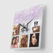 Horloge Carrée Silver purple glitter photo collage name (Angle)