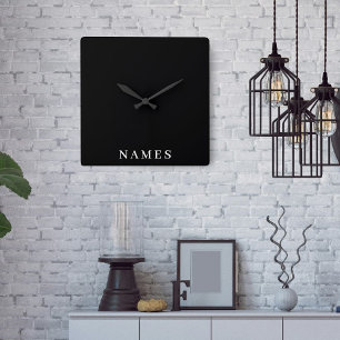 Horloge Carrée Simple Black Custom Ajouter Votre Nom Élégant