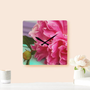 Horloge Carrée Simple Fleur de Pivoine Rose
