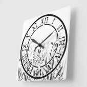 Horloge Carrée Simple motif noir et blanc avec plantes sauvages (Angle)