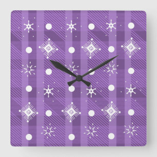Horloge Carrée Simples Snowflakes Purple Plaid