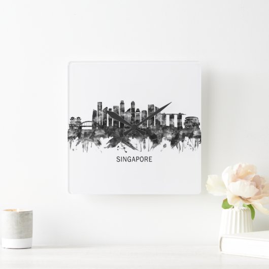 Horloge Carrée Singapour Skyline BW (Maison)