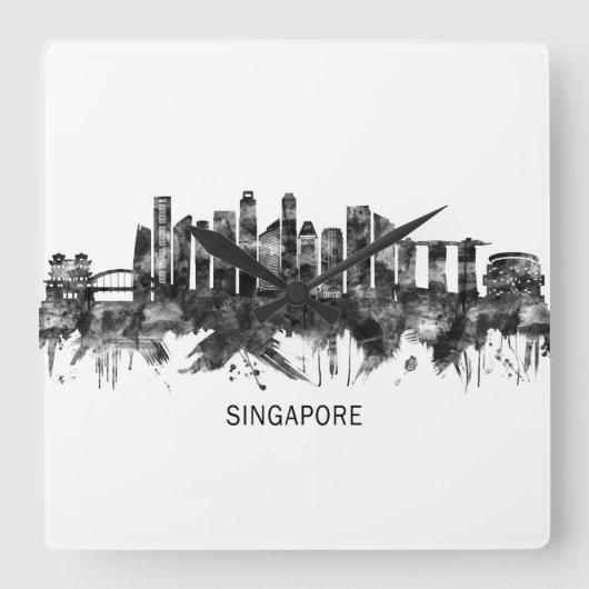 Horloge Carrée Singapour Skyline BW (Recto)