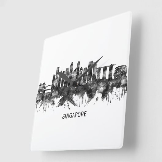 Horloge Carrée Singapour Skyline BW (Angle)