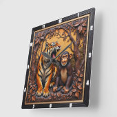 Horloge Carrée Singe Tigre Jungle Sculpté (Angle)