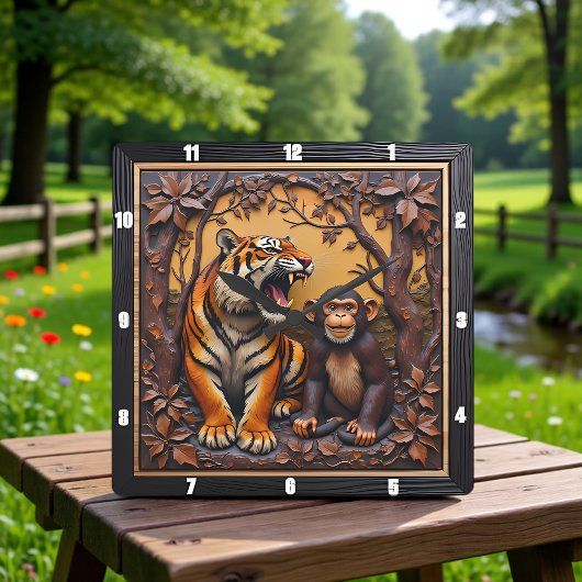 Horloge Carrée Singe Tigre Jungle Sculpté
