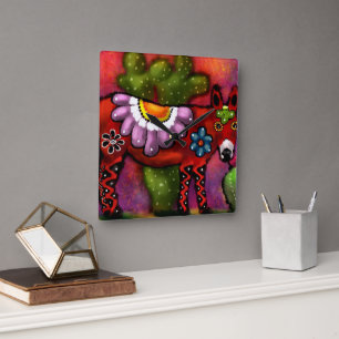 Horloge Carrée Singe Whimsical Floral Du Sud-Ouest De Style Talav