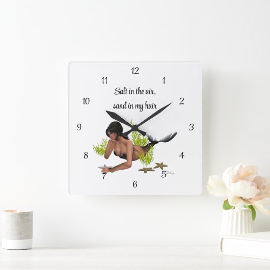 Horloge Carrée Sirène Brunette Avec Étiquette Mur De Poêle (Maison)