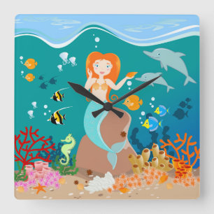 Horloge Carrée Sirène et dauphins sous la mer fête d'anniversaire