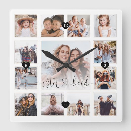 Horloge Carrée Sisterhood Script Family Memory Photo Grid Collage (Recto)