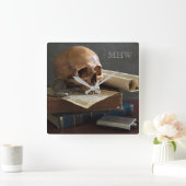 Horloge Carrée Skull on Books custom monogram wall clock (Maison)