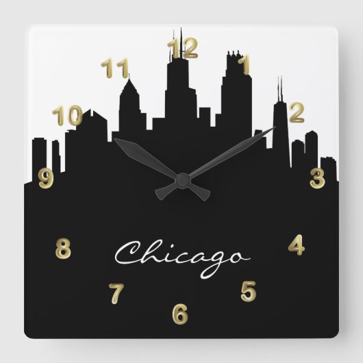 Horloge Carrée Skyline de Chicago noir et blanc (Recto)