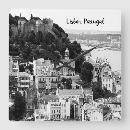 Horloge Carrée Skyline noir et blanc Lisbonne Portugal (Recto)