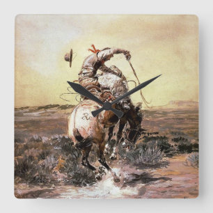 Horloge Carrée « Slick Rider » Art occidental de Charles M Russel