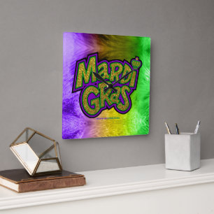 Horloge Carrée SlipperyJoe's Mardi Gras couronne violet or vert w