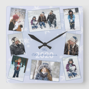 Horloge Carrée Snowflakes Winter Famille Photo Collage Nom Année