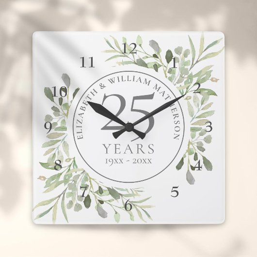 Horloge Carrée Soft Watercolour Leaves 25th Wedding Anniversary