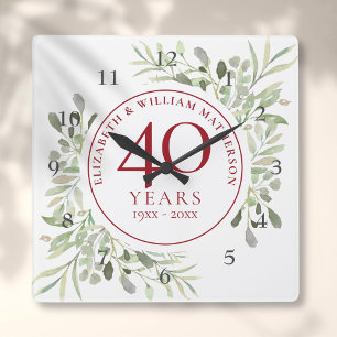 Horloge Carrée Soft Watercolour Leaves 40th Anniversary