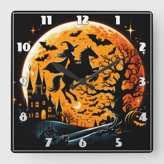 Horloge Carrée Sorcière à cheval contre une lune d'Halloween (Recto)