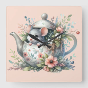 Horloge Carrée Souris mignonne dans une illustration de théière f