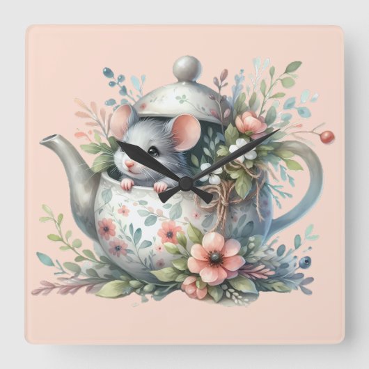 Horloge Carrée Souris mignonne dans une illustration de théière f (Recto)