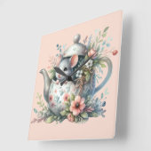 Horloge Carrée Souris mignonne dans une illustration de théière f (Angle)