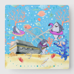 Horloge Carrée Sous l'eau Deep Sea Shark Party Temps enfants