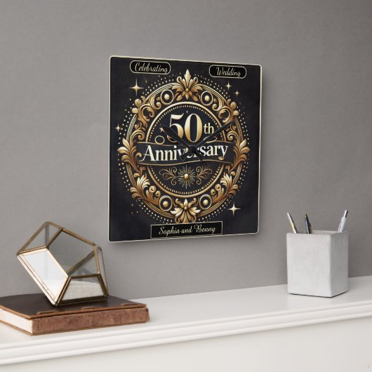 Horloge Carrée Souvenirs dorés : 50 ans ensemble (Bureau)
