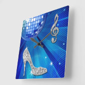 Horloge Carrée Sparkly Blue/Silver Music Note & Stiletto Heel (Angle)