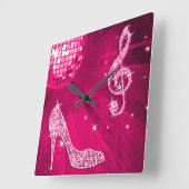 Horloge Carrée Sparkly Hot Pink Music Note & Stiletto Heel (Angle)