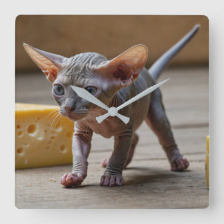 Horloge Carrée Sphynx Kitten et fromage