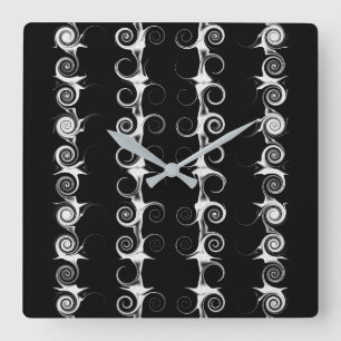 Horloge Carrée Spirales et volutes motif noir et blanc