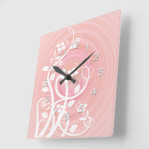 Horloge Carrée Spirales pastel rose et pêche, filigranes et fleur