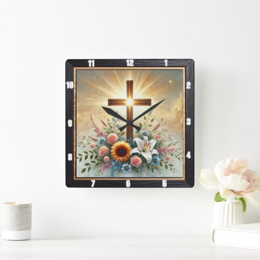 Horloge Carrée Spiritualité radiante croisée florale (Maison)